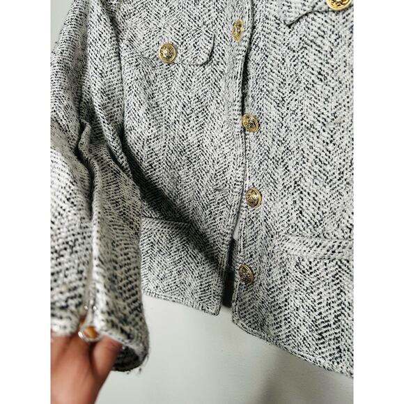 DEREK LAM COLLECTIVE Gray Gold Button Front Zip Up Sleeve Tweed Jacket Size 40 - Picture 11 of 14